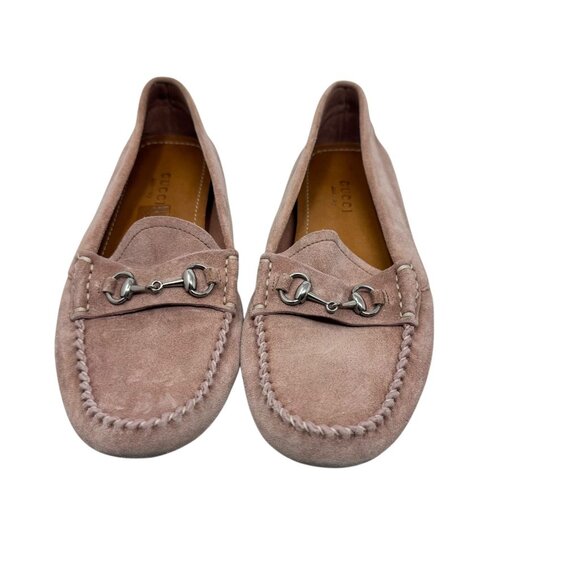 Gucci Women's Jordaan driving Loafers blush pink suede horsebit shoes size 35.5 - Picture 7 of 15